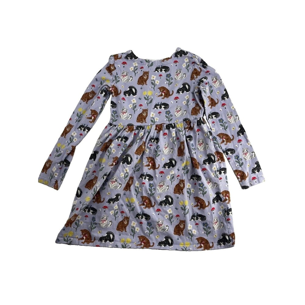 Mini Boden Girls Purple Dress Cat Print Long Sleeve Cotton Knit Size 11-12 Y